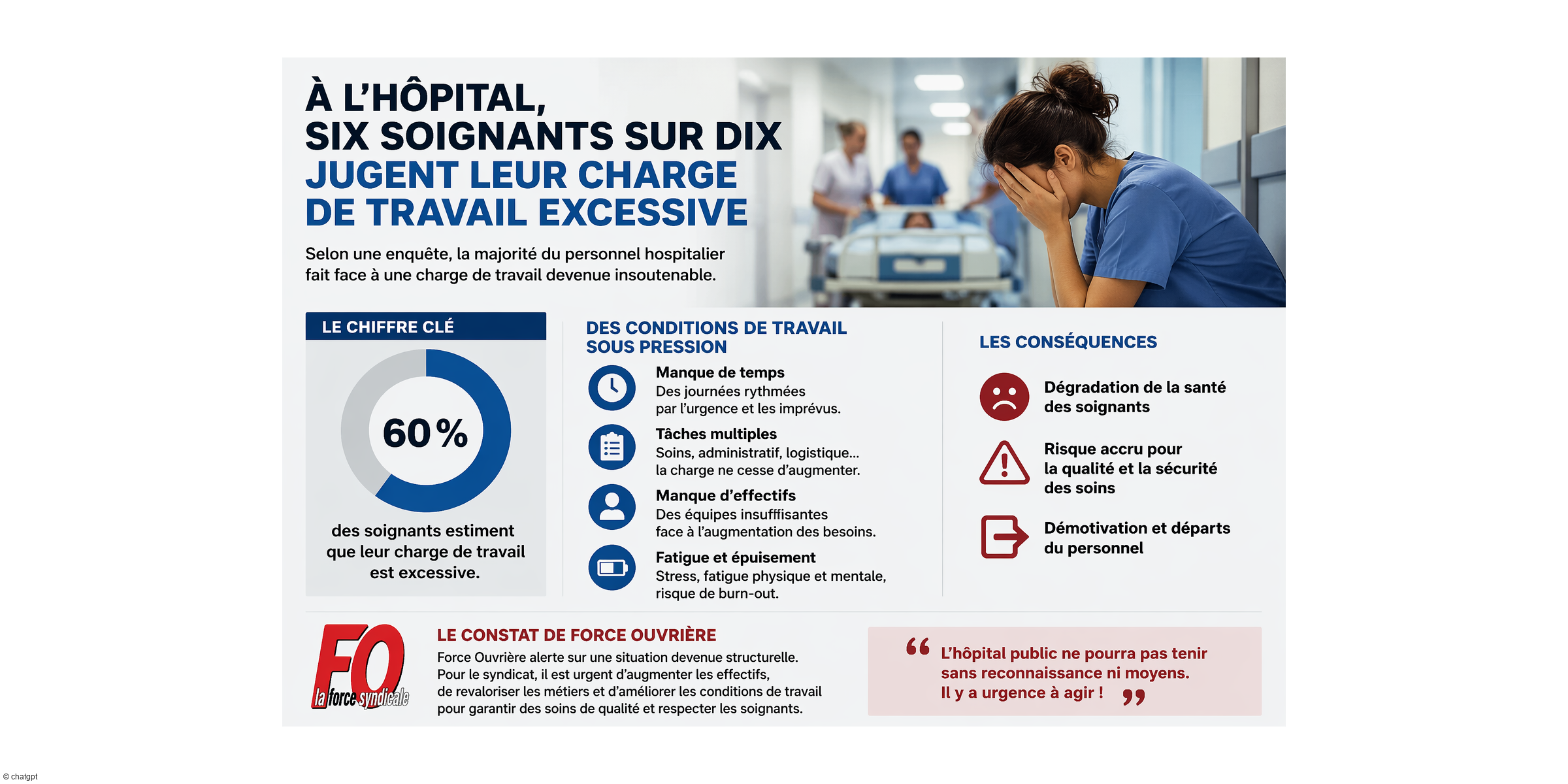 Charge de travail à l'hôpital : 60 % des soignants la jugent excessive